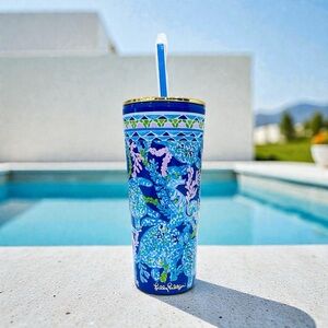 Lilly Pulitzer Turtle Villa Insulated Tumbler w/ Straw 24 oz BPA-Free